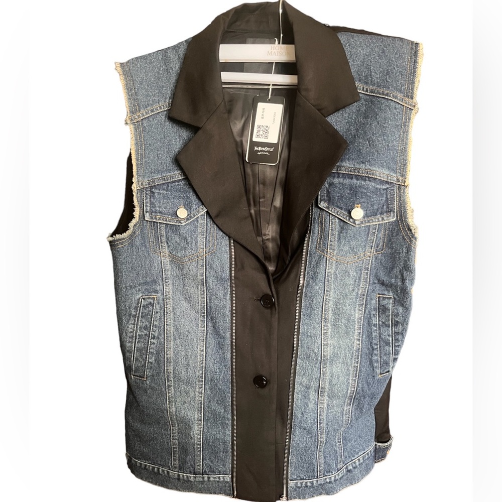 TwoTwinStyle Denim Casual Zipper Two Blocks Waistcoat